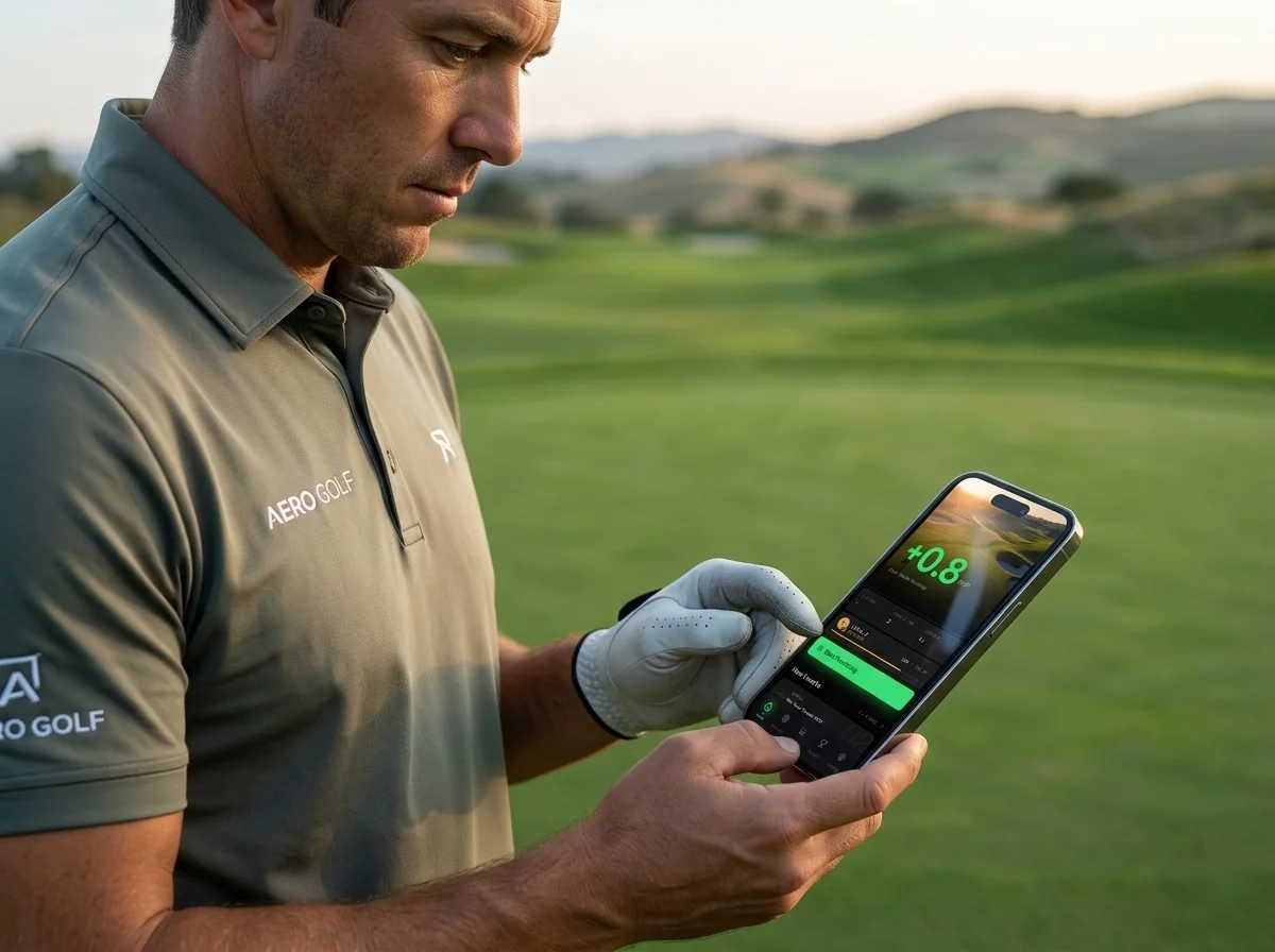 Golfer reviewing app statistics and performance data on the course
